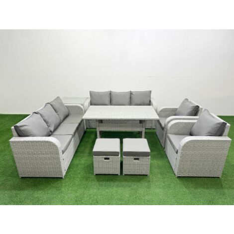 Fimous PE Rattan High Back Lounge Sofa Set Patio Rectangular Dining Table & Chairs Set with 3 Seater Sofa Reclining Chair Stools Side Table Light Grey