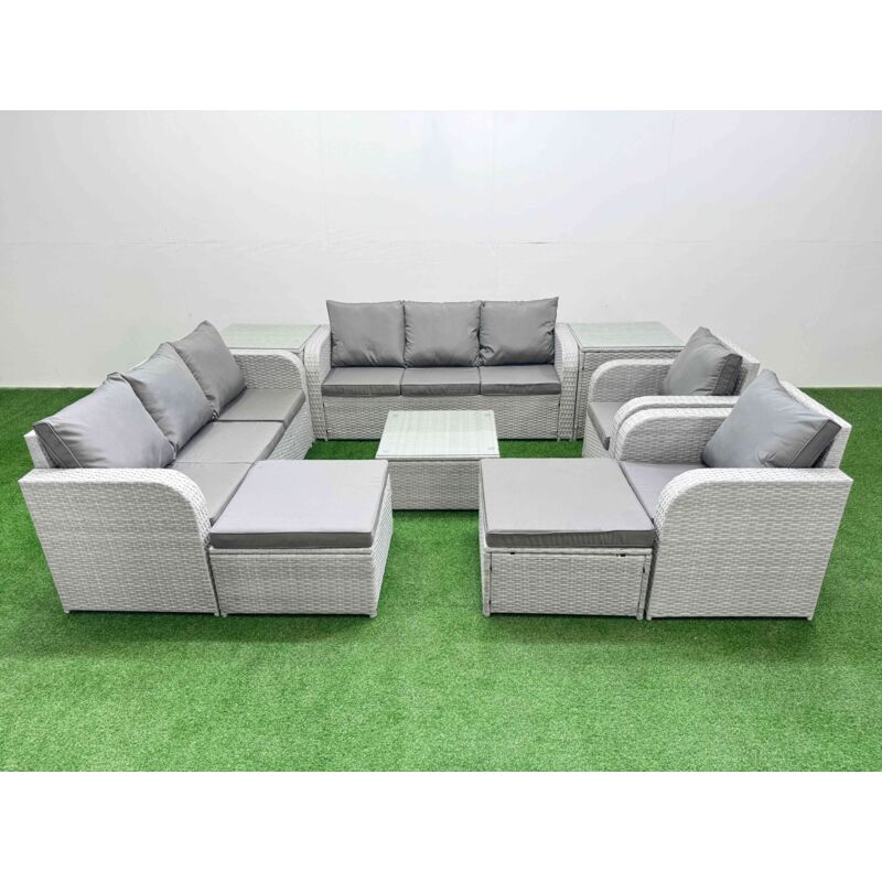 Pe Rattan High Back Lounge Sofa Set Patio Square Coffee Table & Chairs Set With 3 Seater Sofa Reclining Chair 2 Big Footstool 2 Side Table Light Grey