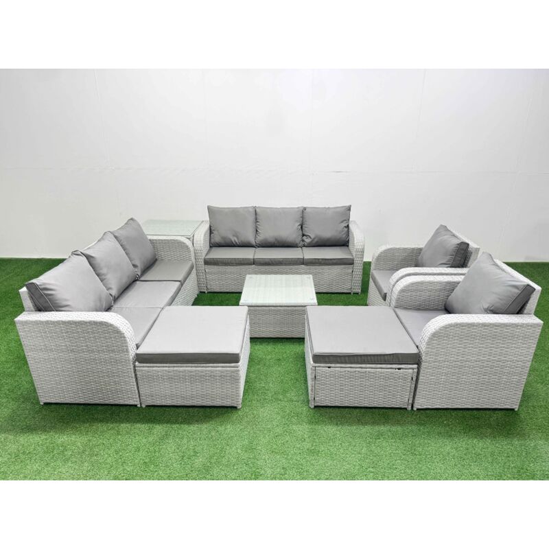 Fimous - Pe Rattan High Back Lounge Sofa Set Patio Square Coffee Table & Chairs Set With 3 Seater Sofa Reclining Chair 2 Big Footstool Side Table