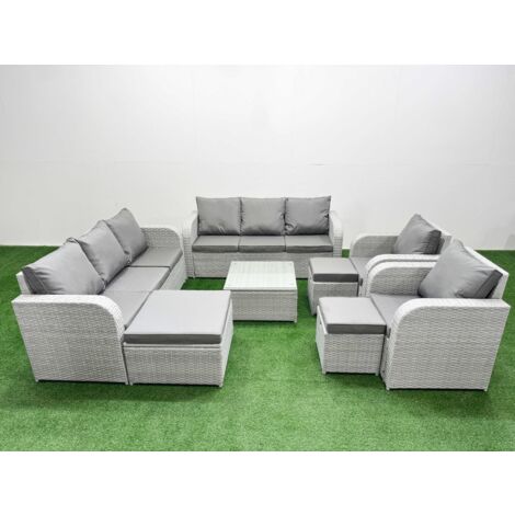 Fimous PE Rattan High Back Lounge Sofa Set Patio Square Coffee Table & Chairs Set with 3 Seater Sofa Reclining Chair 3 Stools Light Grey
