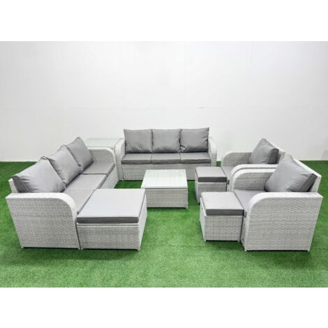 Fimous PE Rattan High Back Lounge Sofa Set Patio Square Coffee Table & Chairs Set with 3 Seater Sofa Reclining Chair 3 Stools Side Table Light Grey