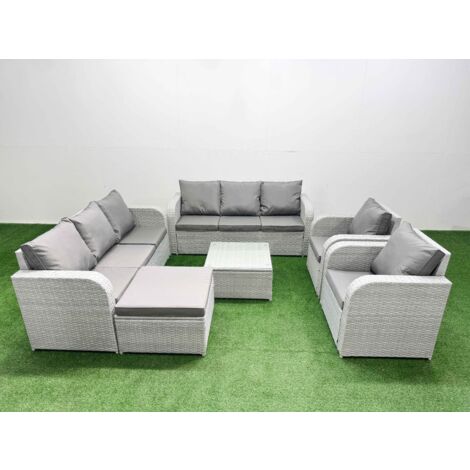 Fimous PE Rattan High Back Lounge Sofa Set Patio Square Coffee Table & Chairs Set with 3 Seater Sofa Reclining Chair Big Footstool Light Grey