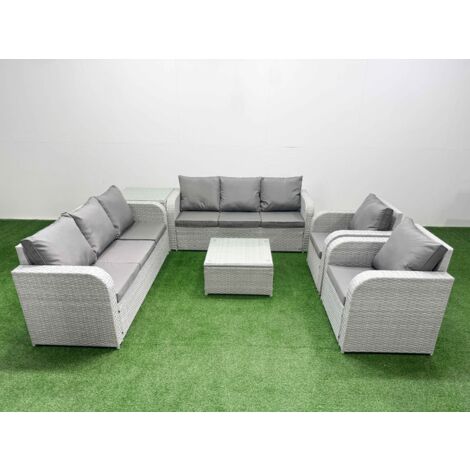 Fimous PE Rattan High Back Lounge Sofa Set Patio Square Coffee Table & Chairs Set with 3 Seater Sofa Reclining Chair Side Table Light Grey
