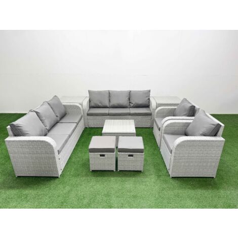 Fimous PE Rattan High Back Lounge Sofa Set Patio Square Coffee Table & Chairs Set with 3 Seater Sofa Reclining Chair Stools 2 Side Table Light Grey