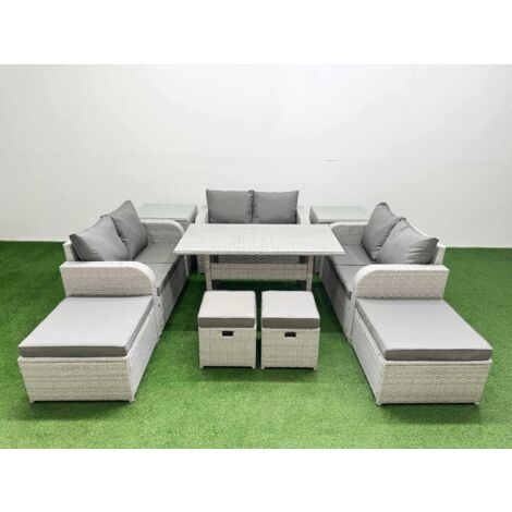 Fimous PE Rattan Lounge Sofa Set 10 Seater Outdoor Garden Furniture Set with Dining Table Love Sofa 2 Big Footstools 2 Small Stool 2 Side Tables Light Grey