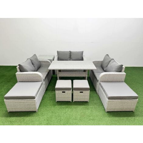Fimous PE Rattan Lounge Sofa Set 10 Seater Outdoor Garden Furniture Set with Dining Table Love Sofa 2 Big Footstools 2 Small Stool Side Table Light Grey