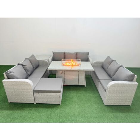 Fimous PE Rattan Lounge Sofa Set 10 Seater Outdoor Garden Furniture Set with Firepit Dining Table 3 Seater Sofa Big Footstool Side Table Light Grey