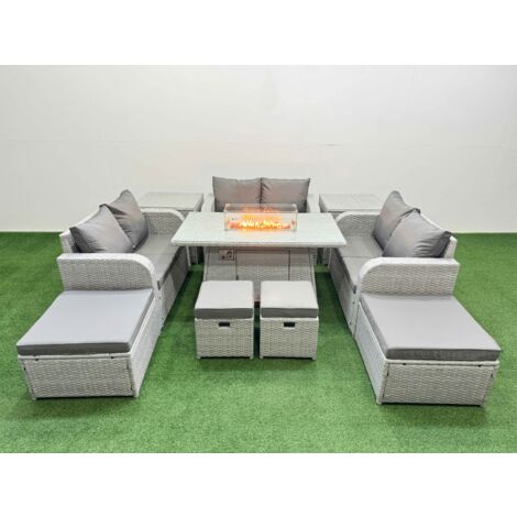 Fimous PE Rattan Lounge Sofa Set 10 Seater Outdoor Garden Furniture Set with Gas Firepit Table Love Sofa 2 Big Footstools 2 Side Tables Light Grey