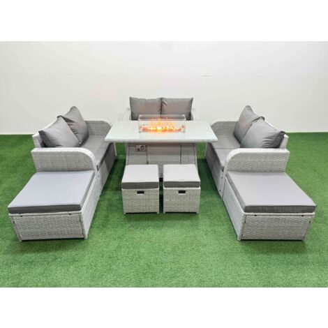Fimous PE Rattan Lounge Sofa Set 10 Seater Outdoor Garden Furniture Set with Gas Firepit Table Love Sofa 2 Big Footstools Light Grey