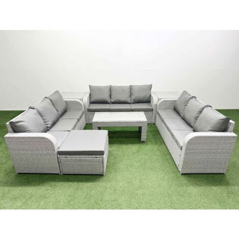 Fimous PE Rattan Lounge Sofa Set 10 Seater Outdoor Garden Furniture Set with Oblong Coffee Table 3 Seater Sofa Big Footstool 2 Side Table Light Grey