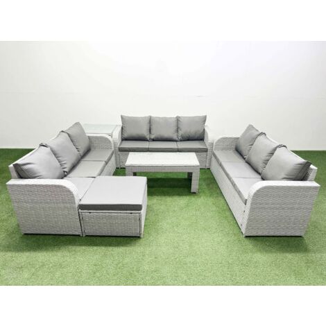 Fimous PE Rattan Lounge Sofa Set 10 Seater Outdoor Garden Furniture Set with Oblong Coffee Table 3 Seater Sofa Big Footstool Side Table Light Grey