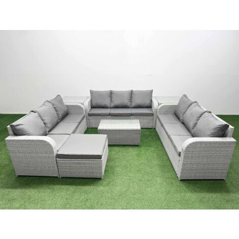 Fimous PE Rattan Lounge Sofa Set 10 Seater Outdoor Garden Furniture Set with Rectangular Coffee Table 3 Seater Sofa Big Footstool 2 Side Table Light Grey