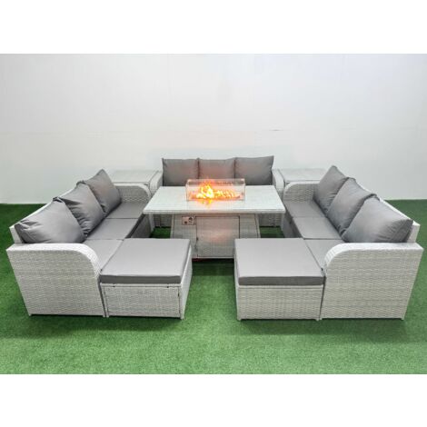 Fimous PE Rattan Lounge Sofa Set 11 Seater Outdoor Garden Furniture Set with Firepit Dining Table 3 Seater Sofa 2 Big Footstools 2 Side Table Light Grey
