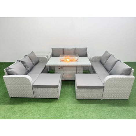 Fimous PE Rattan Lounge Sofa Set 11 Seater Outdoor Garden Furniture Set with Firepit Dining Table 3 Seater Sofa 2 Big Footstools Side Table Light Grey