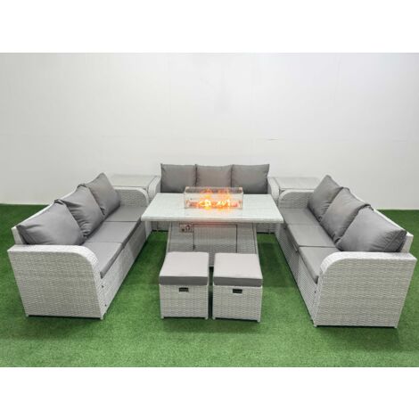 Fimous PE Rattan Lounge Sofa Set 11 Seater Outdoor Garden Furniture Set with Firepit Dining Table 3 Seater Sofa 2 Stools 2 Side Table Light Grey