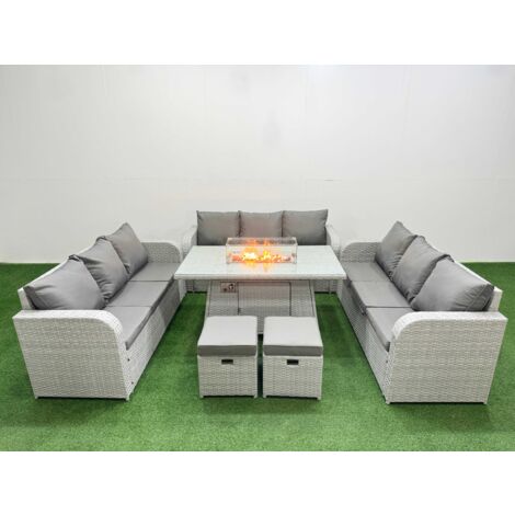Fimous PE Rattan Lounge Sofa Set 11 Seater Outdoor Garden Furniture Set with Firepit Dining Table 3 Seater Sofa 2 Stools Light Grey