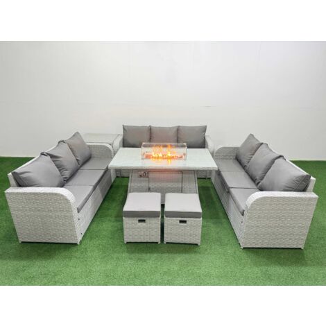 Fimous PE Rattan Lounge Sofa Set 11 Seater Outdoor Garden Furniture Set with Firepit Dining Table 3 Seater Sofa 2 Stools Side Table Light Grey