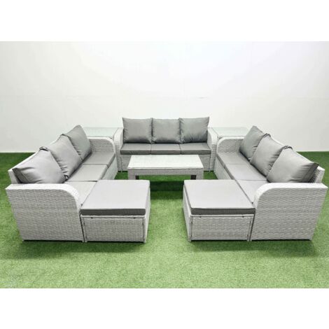 Fimous PE Rattan Lounge Sofa Set 11 Seater Outdoor Garden Furniture Set with Oblong Coffee Table 3 Seater Sofa 2 Big Footstools 2 Side Table Light Grey