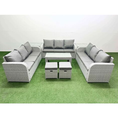 Fimous PE Rattan Lounge Sofa Set 11 Seater Outdoor Garden Furniture Set with Oblong Coffee Table 3 Seater Sofa 2 Stools 2 Side Table Light Grey