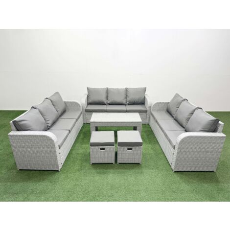 Fimous PE Rattan Lounge Sofa Set 11 Seater Outdoor Garden Furniture Set with Oblong Coffee Table 3 Seater Sofa 2 Stools Light Grey