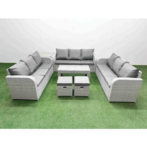 Fimous PE Rattan Lounge Sofa Set 11 Seater Outdoor Garden Furniture Set with Oblong Coffee Table 3 Seater Sofa 2 Stools Side Table Light Grey