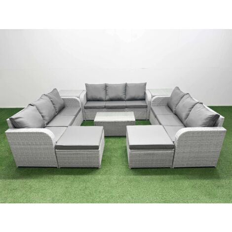 Fimous PE Rattan Lounge Sofa Set 11 Seater Outdoor Garden Furniture Set with Rectangular Coffee Table 3 Seater Sofa 2 Big Footstools 2 Side Table Light Grey