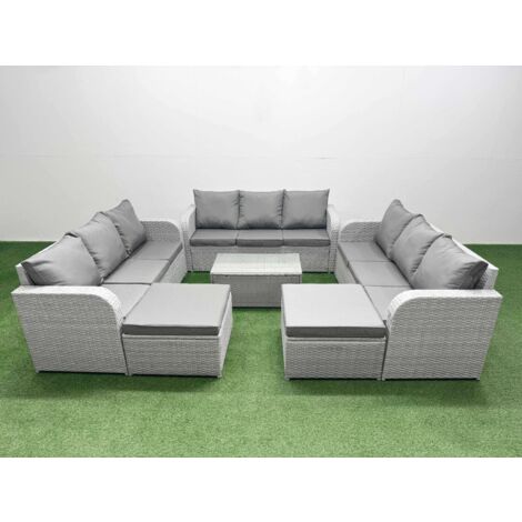 Fimous PE Rattan Lounge Sofa Set 11 Seater Outdoor Garden Furniture Set with Rectangular Coffee Table 3 Seater Sofa 2 Big Footstools Light Grey