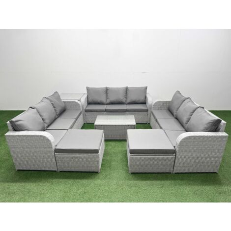 Fimous PE Rattan Lounge Sofa Set 11 Seater Outdoor Garden Furniture Set with Rectangular Coffee Table 3 Seater Sofa 2 Big Footstools Side Table Light Grey