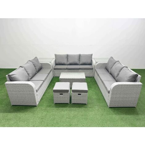 Fimous PE Rattan Lounge Sofa Set 11 Seater Outdoor Garden Furniture Set with Rectangular Coffee Table 3 Seater Sofa 2 Stools 2 Side Table Light Grey
