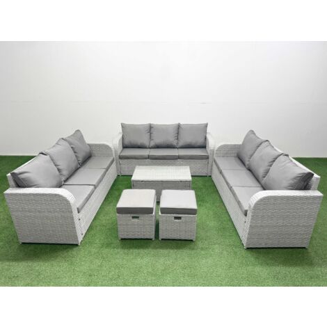 Fimous PE Rattan Lounge Sofa Set 11 Seater Outdoor Garden Furniture Set with Rectangular Coffee Table 3 Seater Sofa 2 Stools Light Grey