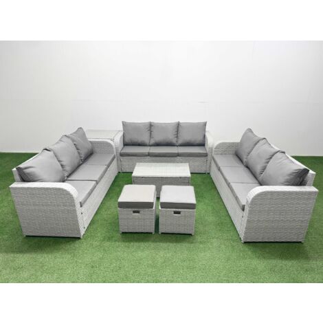 Fimous PE Rattan Lounge Sofa Set 11 Seater Outdoor Garden Furniture Set with Rectangular Coffee Table 3 Seater Sofa 2 Stools Side Table Light Grey