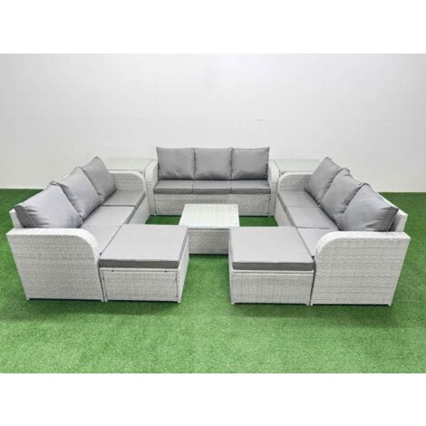 Fimous PE Rattan Lounge Sofa Set 11 Seater Outdoor Garden Furniture Set with Square Coffee Table 3 Seater Sofa 2 Big Footstools 2 Side Table Light Grey