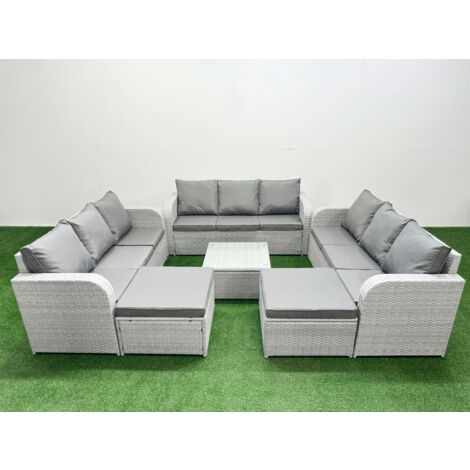Fimous PE Rattan Lounge Sofa Set 11 Seater Outdoor Garden Furniture Set with Square Coffee Table 3 Seater Sofa 2 Big Footstools Light Grey