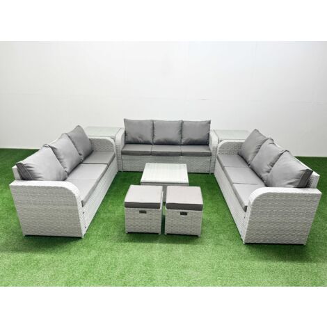 Fimous PE Rattan Lounge Sofa Set 11 Seater Outdoor Garden Furniture Set with Square Coffee Table 3 Seater Sofa 2 Stools 2 Side Table Light Grey