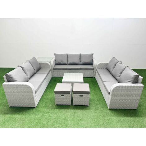 Fimous PE Rattan Lounge Sofa Set 11 Seater Outdoor Garden Furniture Set with Square Coffee Table 3 Seater Sofa 2 Stools Side Table Light Grey