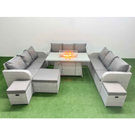 Fimous PE Rattan Lounge Sofa Set 12 Seater Outdoor Garden Furniture Set with Firepit Dining Table 3 Seater Sofa 3 Stools Light Grey