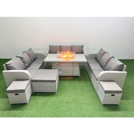 Fimous PE Rattan Lounge Sofa Set 12 Seater Outdoor Garden Furniture Set with Firepit Dining Table 3 Seater Sofa 3 Stools Side Table Light Grey