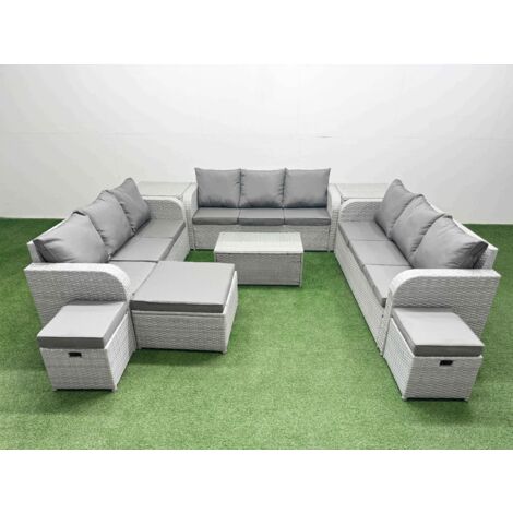 Fimous PE Rattan Lounge Sofa Set 12 Seater Outdoor Garden Furniture Set with Rectangular Coffee Table 3 Seater Sofa 3 Stools 2 Side Table Light Grey