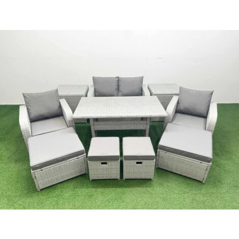Fimous PE Rattan Lounge Sofa Set 8 Seater Outdoor Garden Furniture Set with Dining Table Love Sofa 2 Big Footstools Light Grey
