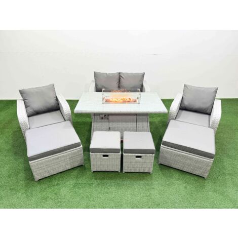 Fimous PE Rattan Lounge Sofa Set 8 Seater Outdoor Garden Furniture Set with Gas Firepit Table Love Sofa 2 Big Footstools 2 Small Footstools Light Grey