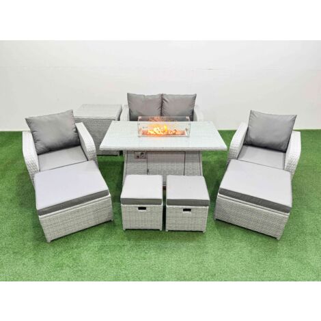Fimous PE Rattan Lounge Sofa Set 8 Seater Outdoor Garden Furniture Set with Gas Firepit Table Love Sofa 4 Footstools Side Table Light Grey