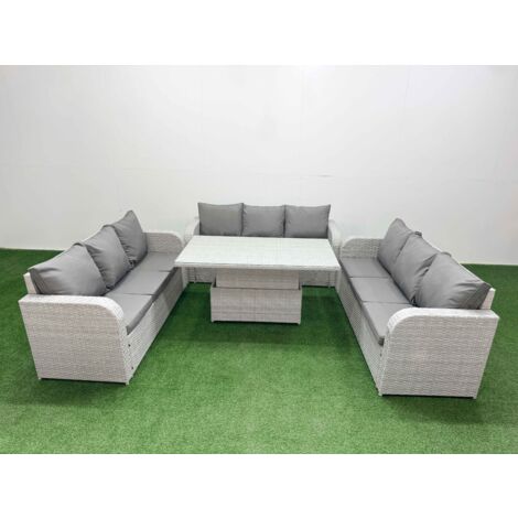 Fimous PE Rattan Lounge Sofa Set 9 Seater Outdoor Garden Furniture Set with Adjustable Lifting Dining or Coffee Table 3 Seater Sofa Light Grey