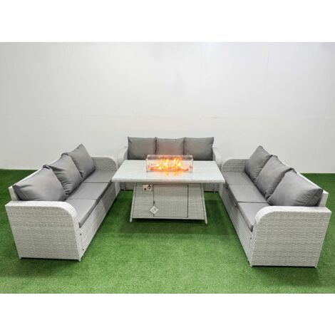 Fimous PE Rattan Lounge Sofa Set 9 Seater Outdoor Garden Furniture Set with Firepit Dining Table 3 Seater Sofa Light Grey