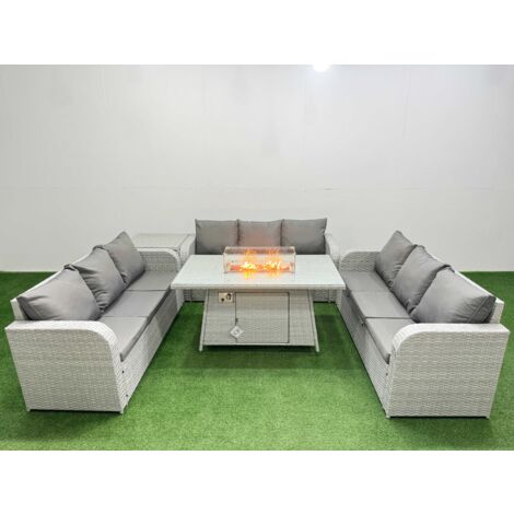 Fimous PE Rattan Lounge Sofa Set 9 Seater Outdoor Garden Furniture Set with Firepit Dining Table 3 Seater Sofa Side Table Light Grey