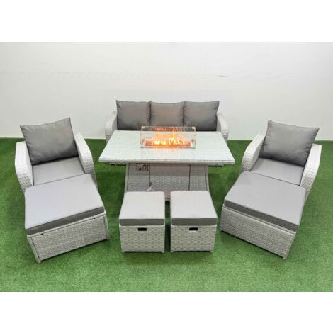 Fimous PE Rattan Lounge Sofa Set 9 Seater Outdoor Garden Furniture Set with Gas Firepit Table 3 Seater Sofa 2 Big Footstools Light Grey