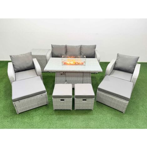 Fimous PE Rattan Lounge Sofa Set 9 Seater Outdoor Garden Furniture Set with Gas Firepit Table 3 Seater Sofa 2 Big Footstools Side Table Light Grey