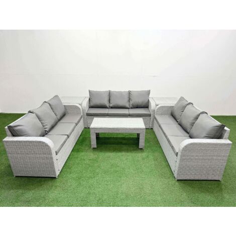 Fimous PE Rattan Lounge Sofa Set 9 Seater Outdoor Garden Furniture Set with Oblong Coffee Table 3 Seater Sofa 2 Side Table Light Grey