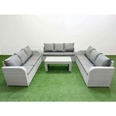 Fimous PE Rattan Lounge Sofa Set 9 Seater Outdoor Garden Furniture Set with Oblong Coffee Table 3 Seater Sofa Side Table Light Grey