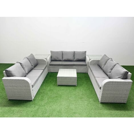 Fimous PE Rattan Lounge Sofa Set 9 Seater Outdoor Garden Furniture Set with Square Coffee Table 3 Seater Sofa 2 Side Table Light Grey