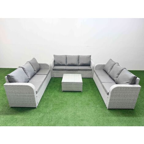 Fimous PE Rattan Lounge Sofa Set 9 Seater Outdoor Garden Furniture Set with Square Coffee Table 3 Seater Sofa Light Grey